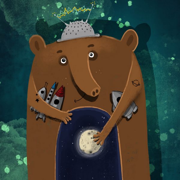 Space Tapir with rockets and a moon illustration