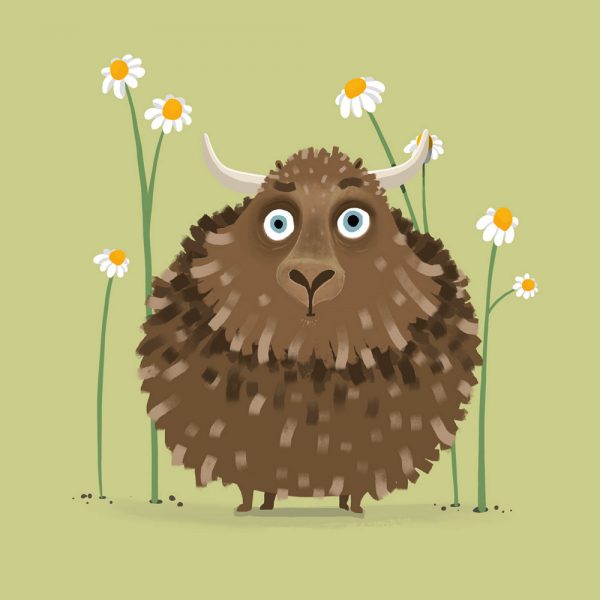 Highland Cow in a field of grass and flowers ilustration
